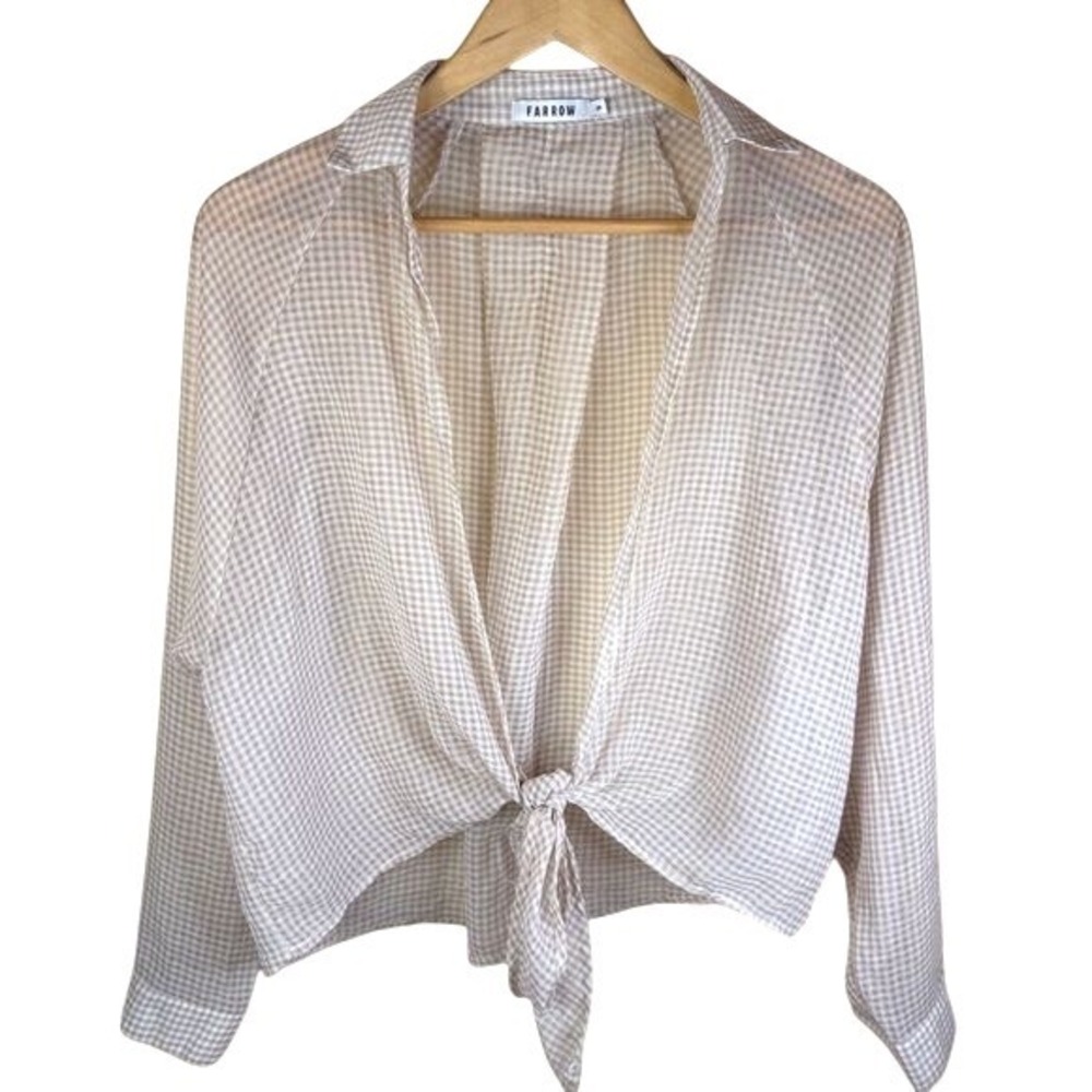 Farrow Womens Gingham Open Front Tie‎ Blouse Long Sleeve Size Small Beige Y2K